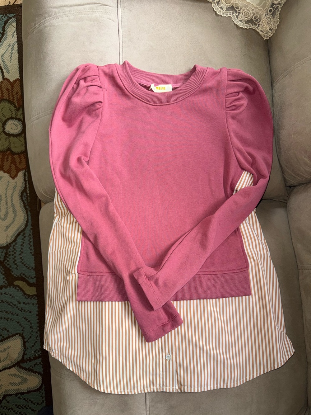 Maeve Pink Puff-Sleeve Layered Sweatshirt